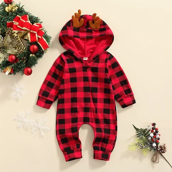 0-24M Yenidoğan Erkek Bebek Kız Ekose Tulum Noel Uzun Kollu Kapşonlu Tulum Bebek Sonbahar Kış Giysileri