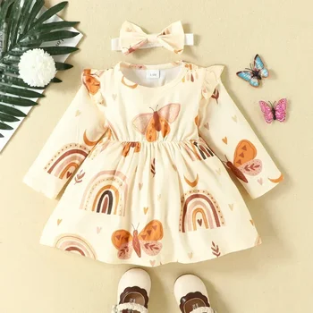 0-2Y Yeni Yürümeye Başlayan Bebek Giyim Çocuk Kız Elbise Seti Gökkuşağı Tam Uzun Kollu rahat elbise + Yay Kafa Bandı 2 Adet Çocuk Takım Elbise
