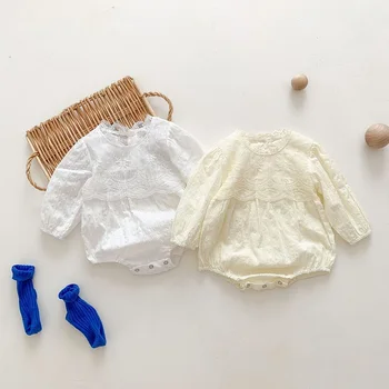 0-3Years Sevimli Yenidoğan Bebek Kız Sonbahar Giysileri Düz Renk Uzun Kollu Dantel Romper Prens giyisi Doğum Günü Partisi Kıyafetleri