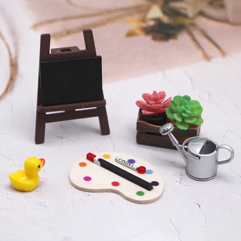 1 Takım 1: 12 Evcilik Minyatür Boyama Şövale Paleti saklama kutusu Saksı bitki su ısıtıcısı DIY Bebek Açık Çizim Sahne Dekor Oyuncak