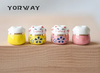 10 adet / grup Porselen Şanslı Kedi Boncuk 13mm, Seramik Maneki Neko, Delinmiş Büyük Delik, pembe Sarı Kawaii Kedi(TC-131)