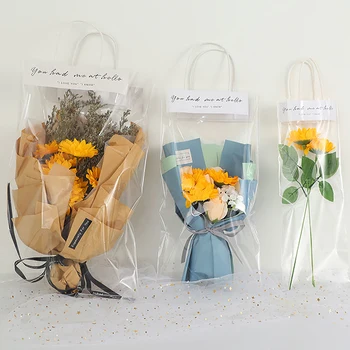 10 adet Şeffaf PE Uzun Tote Çanta Çiçek Ambalaj Çiçek Buketi Çanta Çiçekçi Dekorasyon Kutlama Partisi Hediye Keseleri