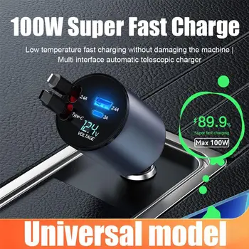 100W Süper Hızlı araba şarjı Cep Telefonu Şarj Cihazı Geri Çekilebilir USB Tip C Arabirim Kablosu iPhone Samsung İçin