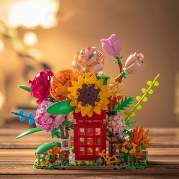 1208 ADET+ telefon kulübesi Çiçek Yapı Taşları Yaratıcı Monte 3D Ebedi Çiçek Modeli Tuğla Oyuncak Ev Dekor İçin Hediye