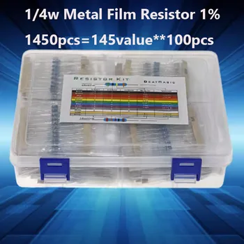 1450 adet Renkli Halka Dirençler 1 / 4W Metal Film 1% Hassas Direnç Paketleri Karışık Paket (1Ω~1M)