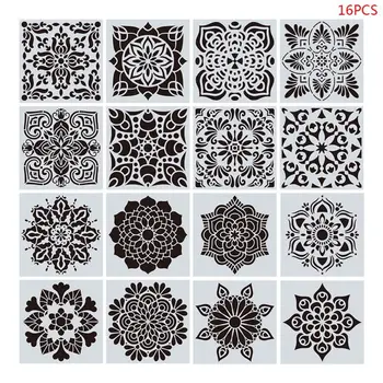 16 adet / takım Mandala Şablonlar DIY Çizim Şablon Boyama Scrapbooking Kağıt Kartı Kabartma Albümü Dekoratif El Sanatları