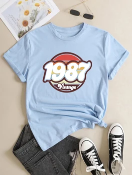'1987 Vintage' Baskı Ekip Boyun T-shirt, Rahat Gevşek Kısa Kollu Moda Yaz T-Shirt Tops, kadın Giyim