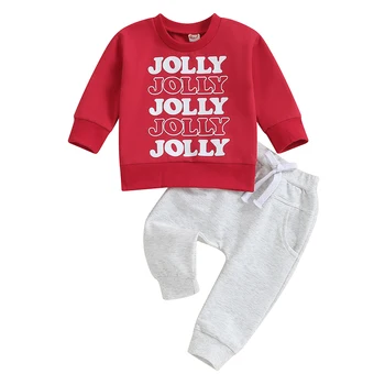 2 Adet Bebek Noel Kıyafetleri Uzun Kollu Tişörtü Düz Renk Pantolon Seti yürümeye başlayan çocuk giysileri