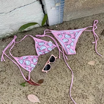 2 Adet Kawaii Hellokitty Seksi Bikini Iç Çamaşırı Seti Y2K Sıcak Kız Karikatür Sanrio Plaj Tatil Ayrılabilir Göğüs Pedi Mayo Hediye