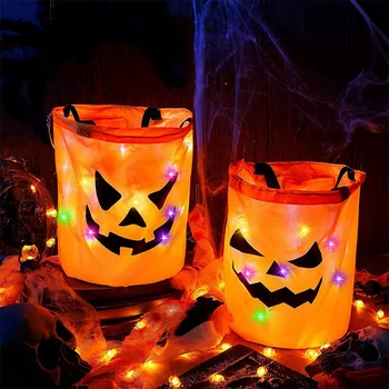 2 Adet led ışık Cadılar Bayramı Şeker Torbaları Çok Amaçlı Şeker Torbaları Yeniden Kullanılabilir Cadılar Bayramı Kova Çocuklar İçin