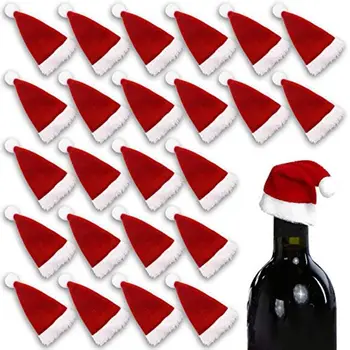 20 ADET Mini Noel Kırmızı Şapka Noel Baba şapkaları Şarap Şişesi Şapka Bardak Şişe Kapağı Sofra Çatal Bıçak Tutucular Noel Süslemeleri