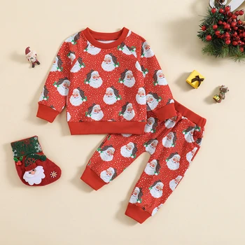 2023-10-06 Lioraitiin 0 - 3Y Noel Bebek Erkek Giysileri Setleri 2 adet Noel Baba Baskılı Uzun Kollu Kazak Pantolon Kıyafetler