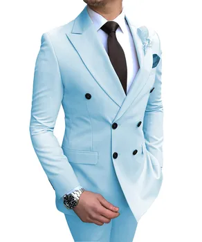 2023 Açık Mavi Bej erkek Takım Elbise 2 Parça Kruvaze Çentik Yaka Düz Slim Fit Casual Smokin Düğün İçin (Blazer + Pantolon)