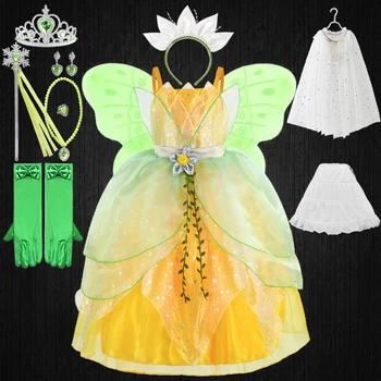 2023 Karnaval çocuk Rol yapma Çiçek Peri Tiana Kostüm Kızlar Halter Orman Kurbağa Prenses Masquerade Performans Elbise