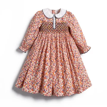 2023 Kız çocuk Elbise Çocuk Vintage Çiçekli Sonbahar Elbiseler Bebek Kız Butik Önlüklü Baskı Frocks Toddlers Kıyafetler