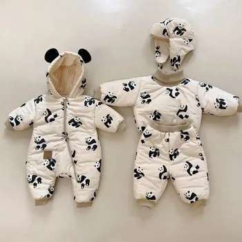 2023 Kış Yeni Bebek Artı Kadife Kalın Sıcak Seti Bebek Kız kapitone ceket + Pantolon 2 adet Takım Elbise Yürümeye Başlayan Çocuk Panda Baskı Kıyafetler