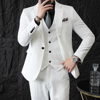 2023 Moda Yeni Erkek Eğlence Butik İş Düz Renk İnce Düğün Takım Elbise / Erkek Düz Renk 3 Adet Blazers Ceket Pantolon Yelek