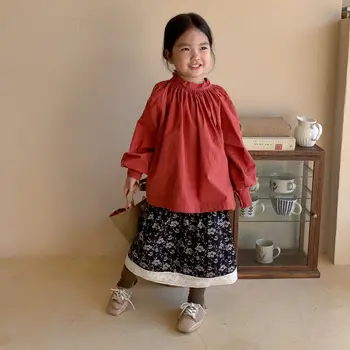 2023 Sonbahar Kız Giyim Setleri çocuk gömlek Elbise Kore Düz Renk Gömlek çocuk Rahat Bluz Pantolon Gömlek 1-5Years
