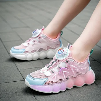 2023 Yeni Döner Düğme çocuk spor ayakkabı Moda Erkek Rahat spor ayakkabı Kızların Açık Nefes Spor koşu ayakkabıları