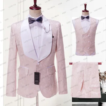 2023 Yeni Erkek Düğün Balo Takım Elbise Pembe Jakarlı Slim Fit Smokin Erkekler Rahat Resmi İş İş Elbisesi 3 Adet Set (Ceket + Pantolon + Yelek)