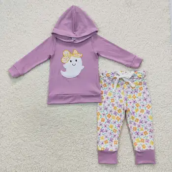 2023 Yeni Şık RTS Çocuklar Cadılar Bayramı Nakış Giysileri Toddler Mor Kapşonlu Seti Bebek Butik Çiçek Kıyafetler