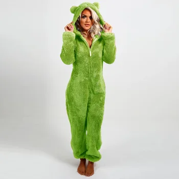 2024 Moda Seksi Onesies Kadınlar Kış Sıcak Peluş Romper Hood Setleri Pijama Katı Uzun Kollu Fermuar Pijama Kapşonlu Gecelik