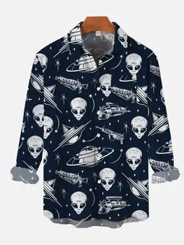2024 Yeni erkek Baskılı Uzun Kollu Gömlek Alien UFO erkek Baskılı moda üst giyim Büyük Boy Rahat erkek Gömlek