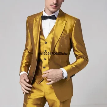 2024 Yeni Varış Altın Sarı Saten Erkek Takım Elbise Slim Fit Balo Parti Sahne Performansı Kostümleri Ternos Töreni Takım Elbise Erkekler 3 adet