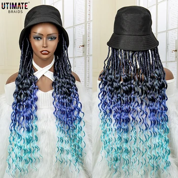 24 İnç Makine Yapımı Sentetik Mavi Saç Ucuz Bağlantı Ayarlanabilir Şapka Peruk Kıvırcık Dreadlocks saç ekleme Kadınlar için