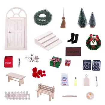 27 Adet Küçük Peri Ahşap Kapılar Noel Minyatür Süslemeleri, 1:12 Bebek Evi Sahne Sahne Demiryolu Mimari