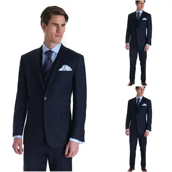 3 Adet Marka Yeni Damat Smokin Erkek Takım Elbise Koyu Mavi Groomsmen Çentik Yaka Düğün Erkek Blazer Pantolon Damat (Ceket + Pantolon + Yelek)