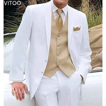 3 Parça Beyaz Damat Smokin Düğün Özel Erkek Arkadaşı erkek Takım Elbise Seti Ceket Altın Yelek Pantolon Resmi Moda Giyim
