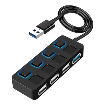 4 Port USB 3.0 Hub Bireysel LED Aydınlatmalı Güç Anahtarları USB HUB Adaptörü Genişletici Çoklu USB Splitter Mac PC İçin