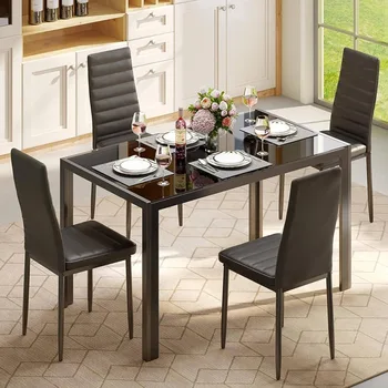 5 Adet Cam yemek Masası Seti, mutfak ve Sandalyeler 4, PU Deri Modern Oda Takımları Ev (Siyah)