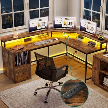 67 İnç Büyük Bilgisayar Masası dosya çekmece Mobilya L Şekilli Masa Güç çıkışları ve LED ışıkları Rustik kahverengi masa Pliante