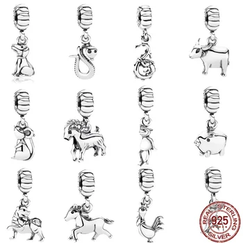 925 Ayar Gümüş Çin Zodyak Dangle çekici boncuklar Orijinal Pandora bilezik DIY Takı Kadınlar Hediye Yapımı