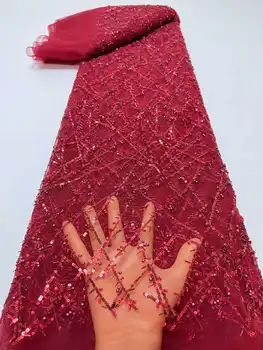 Afrika Dantel Kumaş 5 Metre 2023 Yüksek Kaliteli Sequins Boncuk Nijeryalı Dantel Kumaş Malzeme İçin Lüks Kumaşlar düğün elbisesi