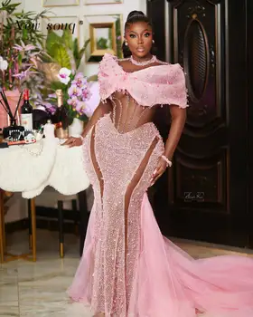 Afrika Pembe Sparkly Mermaid Akşam Parti Elbiseler Siyah Kızlar için Artı Boyutu Seksi Cut Out Kristaller Glitter Sequins Balo abiye