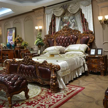 ahşap oyma çift kişilik çift kişilik yatak villa ana yatak odası Amerikan lüks düğün yatağı