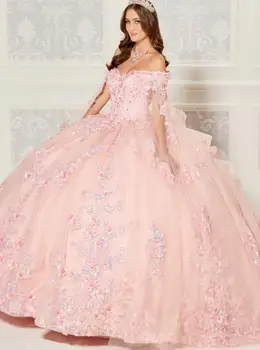 Allık Pembe Prenses Quinceanera Elbiseler Pelerin Kollu Kapalı Omuz 3D Çiçek Korse Ruffles Tren vestidos de 15 quinceanera