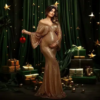 Altın Sequins balo kıyafetleri Özelleştirmek Gebelik Maxi Elbise Uzun Kollu Bebek Duş Elbise Vestido de Novia Fotoğraf Sahne