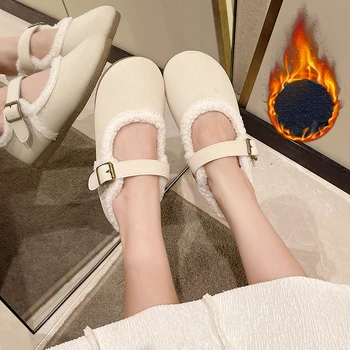Amerikan retro ekmek ayakkabı kadınlar için 2023 moda kadın ayakkabısı slip-on pamuklu ayakkabılar artı kadife sıcak düz ayakkabı Mary Jane ayakkabı