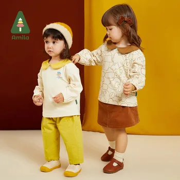 Amila T-shirt Kız için 2023 Sonbahar Yeni Tam Baskı Bebek Boyun Örme Pamuk Moda Bebek Giysileri Sıcak Nefes bebeğin