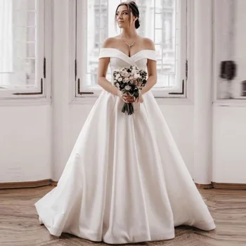 Artı Boyutu Saten düğün elbisesi Gelin İçin Kapalı Omuz Seksi V Boyun Vestidos Para Mujer Elegantes Y Bonitos Aine Uzun Parti Kıyafeti