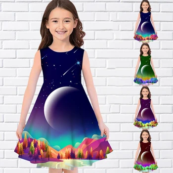 Ay Desen 3D Baskı Yaz Kolsuz Kız Elbise Rahat Yuvarlak Boyun Uzun Elbiseler Moda Kız Elbise Bayram İçin çocuk elbiseleri