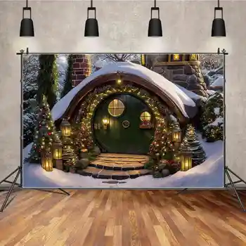 ay.QG Zemin Noel Ağacı Ev Dekorasyonu Arka Plan Malzemeleri Çocuk Yuvarlak Yeşil ahşap kapı Gnome Kulübe Fotoğraf Sahne