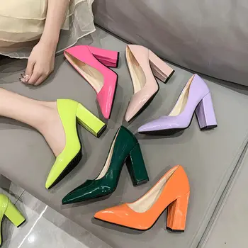 Ayakkabı Kadın 2023 Normal Deri Rahat kadın Yaz Ayakkabı Sivri Burun Kare Topuklu Süper Yüksek Topuk Yeşil Pembe Şık Bir