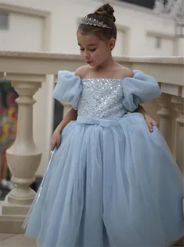 Açık Mavi Çiçek Kız Elbise Basit Zarif Prenses Tül Balo Çocuklar Doğum Günü Partisi İçin İlk Communion Elbise