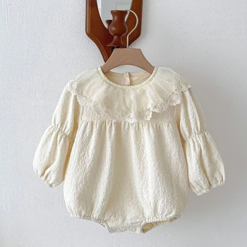 Bahar Bebek Tulum Dantel Bebek Giyim Toddler Kız Bodysuits Çiçek Uzun Kollu Büyük Yaka Sonbahar Bebek Kız Prenses Romper