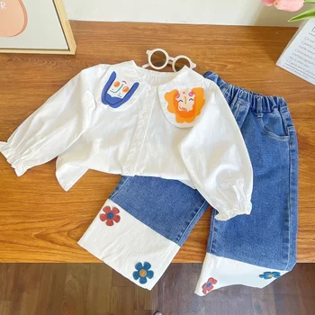 Bahar Kız Karikatür Baskılı Bebek Yaka Gömlek + Çiçek Kot İki parçalı Setleri Küçük Kız Sevimli Moda Seti Çocuk günlük kıyafetler